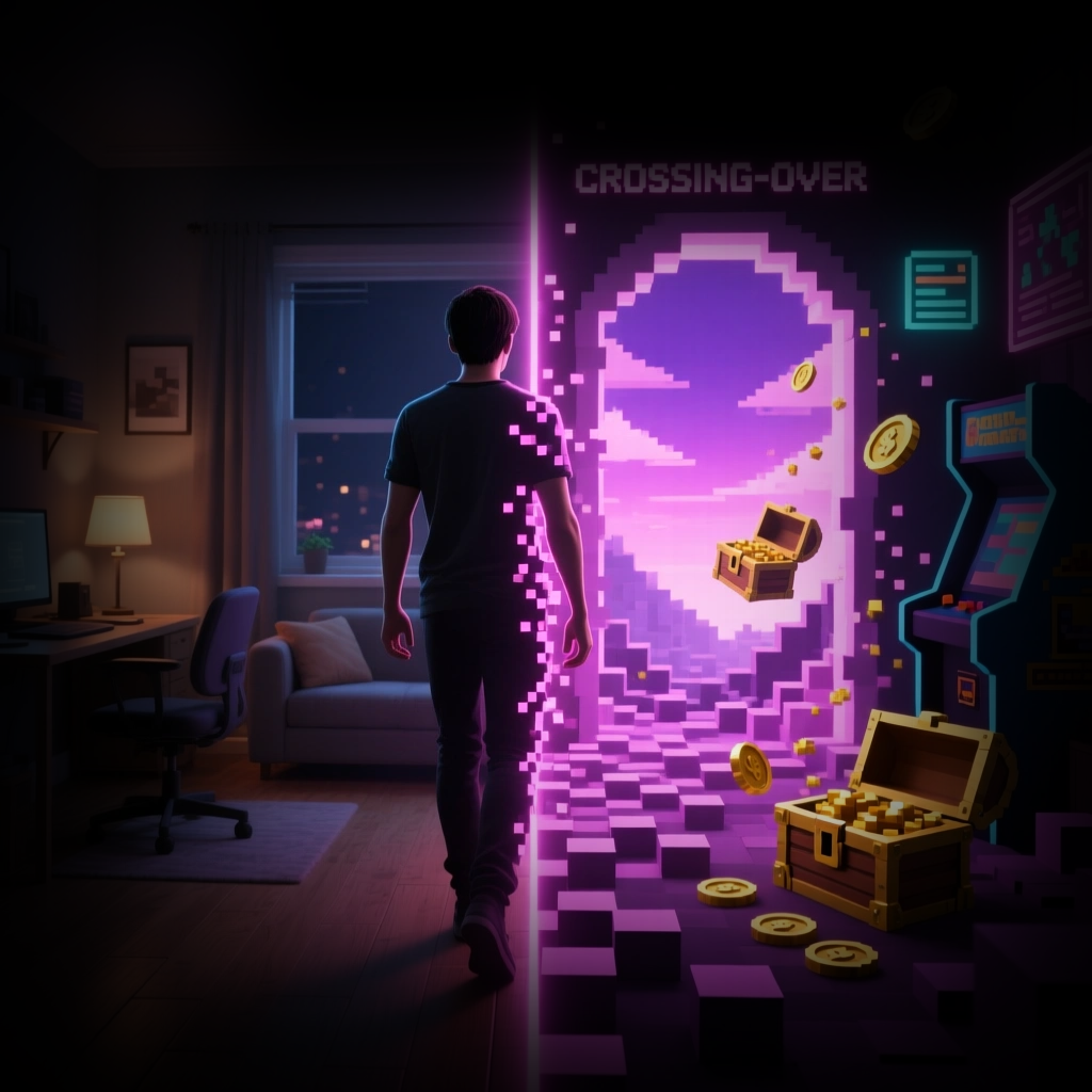 A vast Pixar-style 3D dream chamber with floating crystal islands and a tiny anonymous silhouette character standing at the foot of a pink and violet heaven beam — the AlterU identity layer of walking into a vast game world.