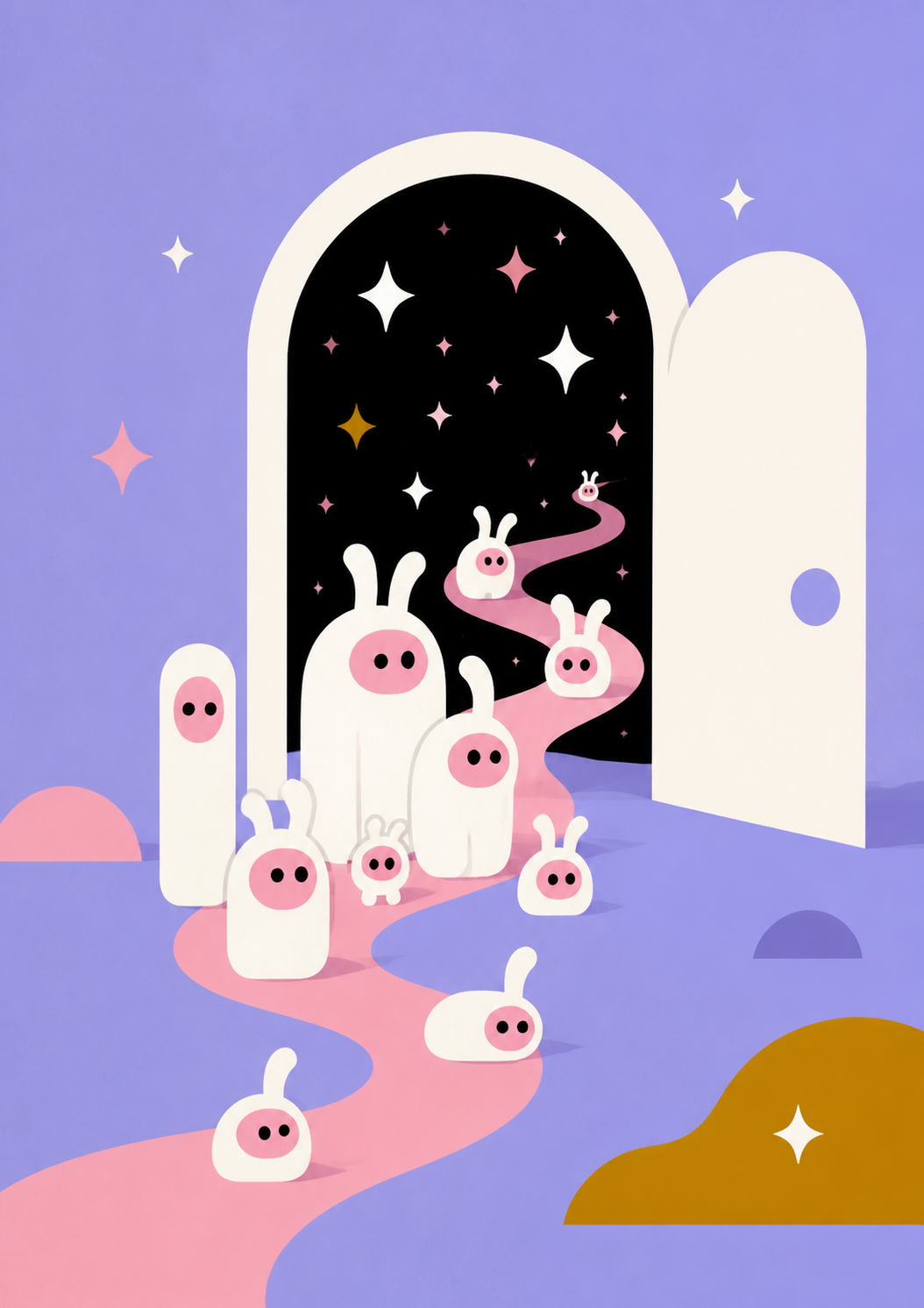 The Uli Family gathering around an open doorway into a star-filled playable world.