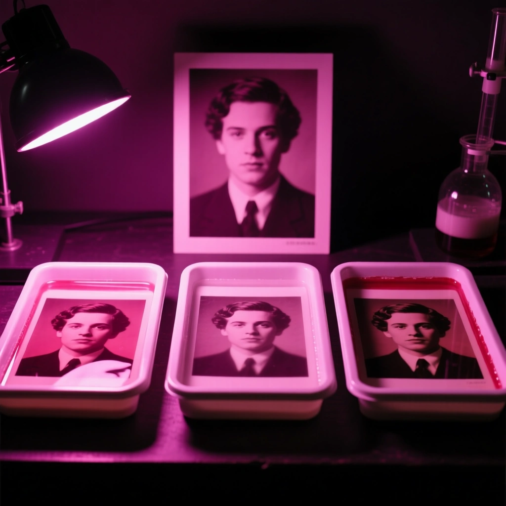 Three trays of chemistry bath developing a portrait — 5-8s reveal ritual