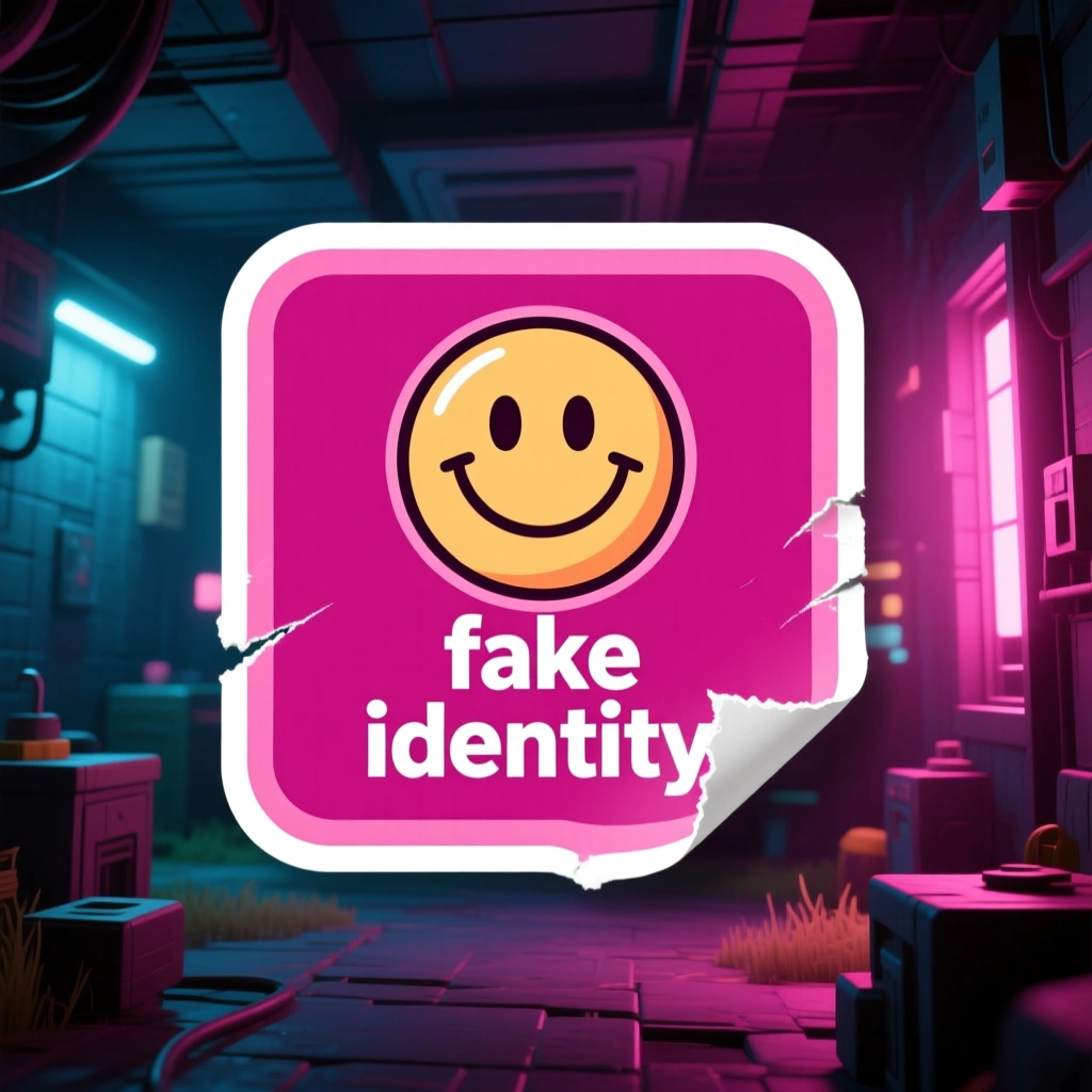A 'fake identity' smiley-face sticker peeling off an immersive 3D game scene — the world clearly continues past the sticker as if it doesn't belong