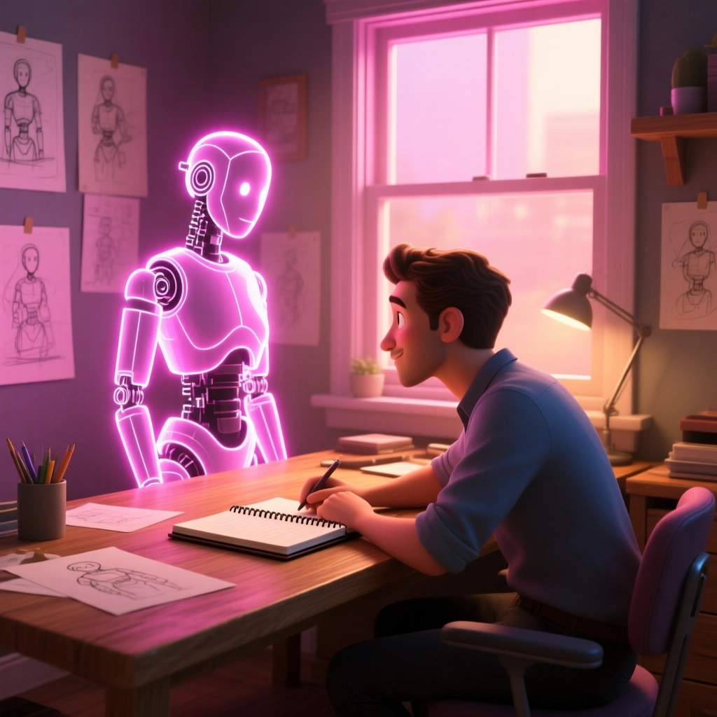A designer talking to an AI agent across a desk