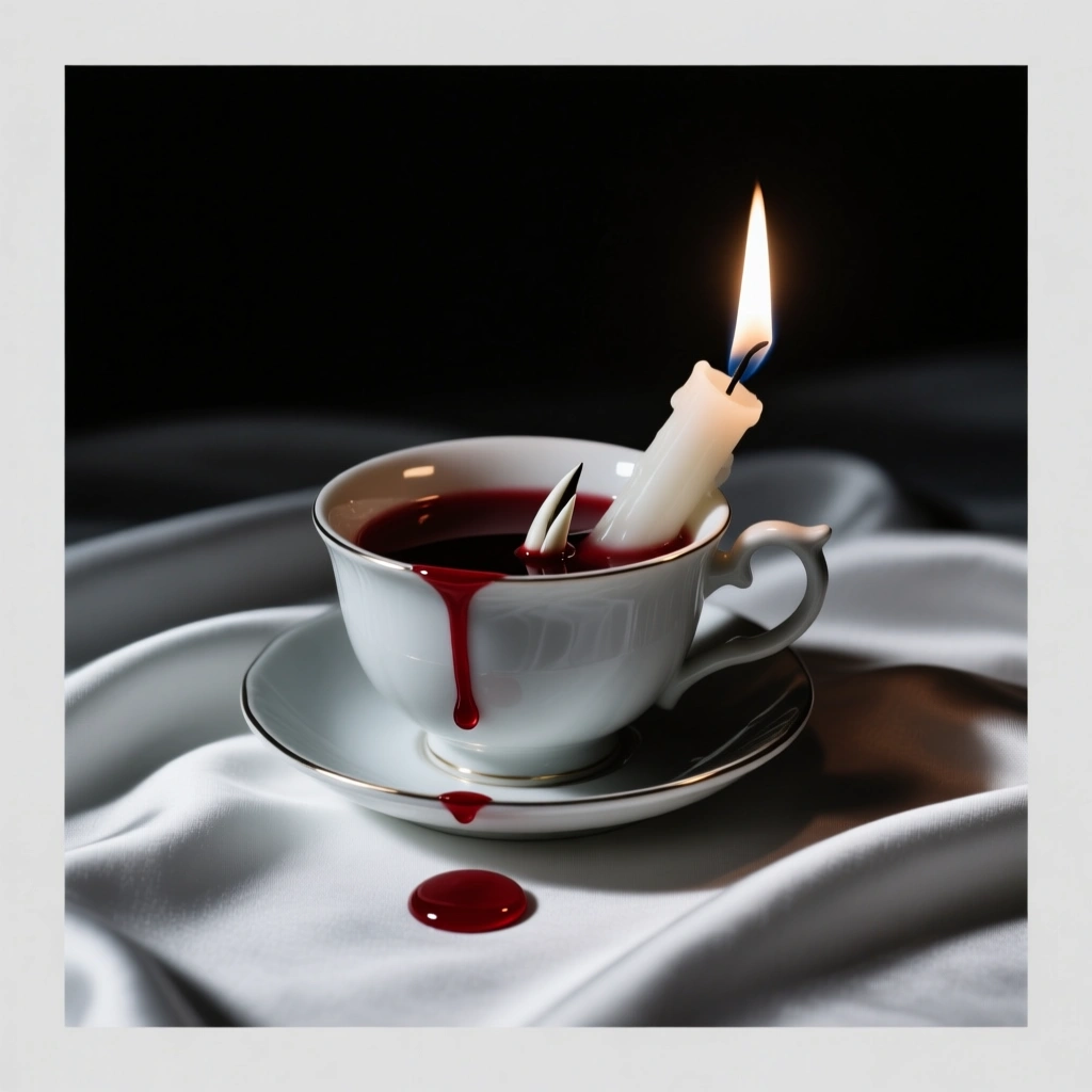 Visceral noir cinema reference: blood drop, tooth in teacup, bent candle flame